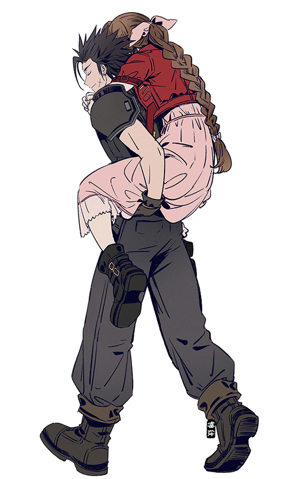 1boy 1girl aerith_gainsborough armor baggy_pants black_footwear black_hair boots braid braided_ponytail brown_hair carrying closed_eyes closed_mouth commentary_request couple crisis_core_final_fantasy_vii cross_scar dress earrings facial_scar final_fantasy final_fantasy_vii final_fantasy_vii_rebirth final_fantasy_vii_remake full_body gloves hair_ribbon huosheanng jacket jewelry long_hair pants piggyback pink_dress pink_ribbon red_jacket ribbon scar scar_on_cheek scar_on_face short_sleeves shoulder_armor smile spiked_hair stud_earrings walking white_background zack_fair