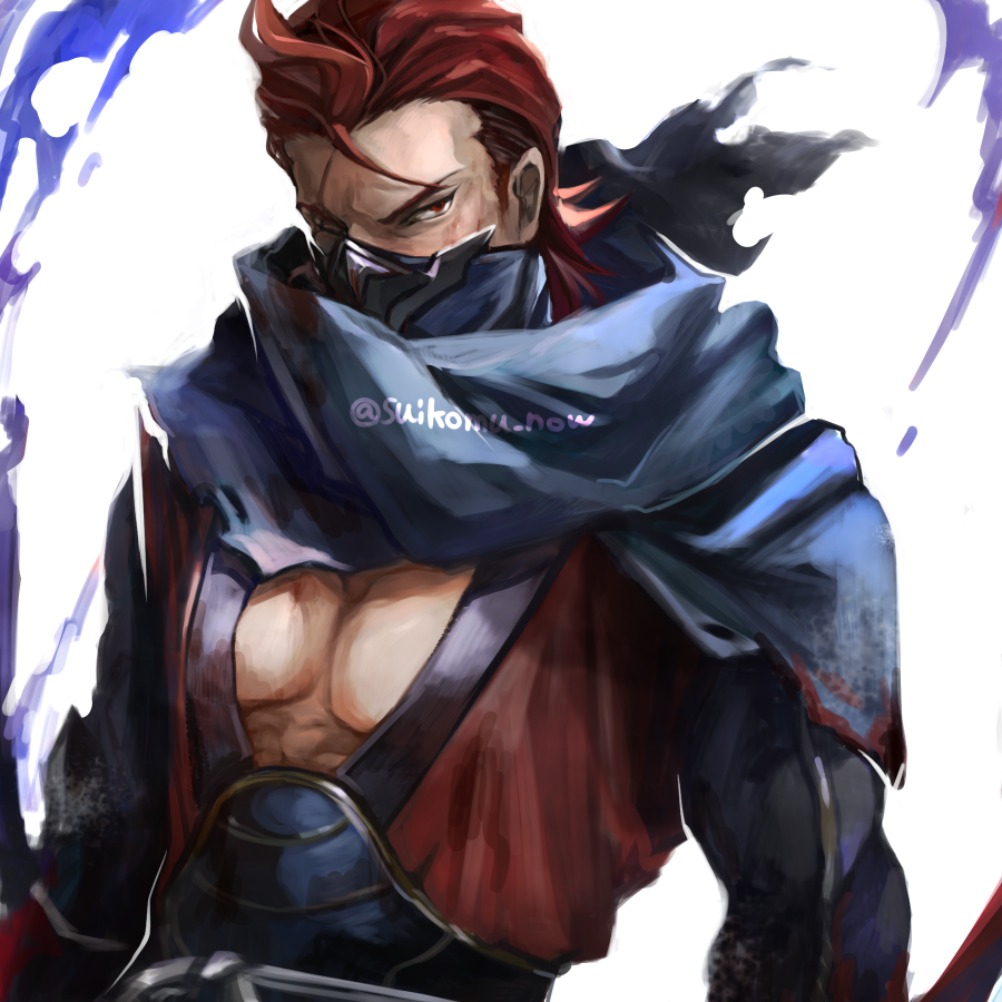 1boy blue_scarf fire_emblem fire_emblem_fates looking_at_viewer male_focus mask mouth_mask muscular muscular_male ninja ninja_mask nintendo one_eye_closed pectoral_cleavage pectorals red_eyes red_hair saizo_(fire_emblem) scar scar_across_eye scar_on_face scarf suikomu_now