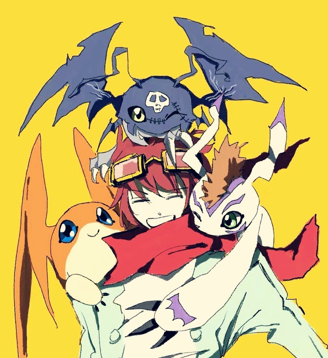 1boy apron bat_(animal) blue_eyes body_fur brown_hair closed_eyes digimon digimon_(creature) digimon_story:_time_stranger fang goggles gomamon green_eyes green_jacket group_picture head_wings jacket on_head on_shoulder one_eye_closed patamon picodevimon seal_(animal) short_hair simple_background soccerobsidian upper_body white_apron white_fur white_jacket wings yellow_background yuuki_dan yuuki_dan