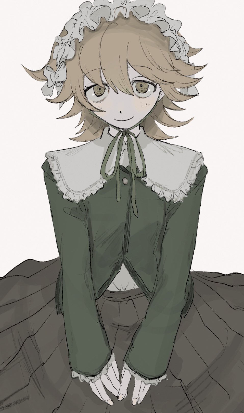 1boy brown_eyes brown_hair brown_skirt danganronpa:_trigger_happy_havoc danganronpa_(series) fujisaki_chihiro green_jacket grey_background headdress highres jacket long_sleeves medium_hair own_hands_together pleated_skirt sema_(vivaviva_02) short_hair simple_background skirt sleeves_past_wrists smile solo