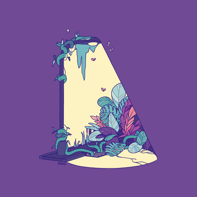 abandoned bug flying grass grate jungle lamppost leaf light_rays limited_palette mellific monstera_deliciosa moss nature night no_humans original overgrown plant purple_background purple_theme road scenery simple_background spotlight vines