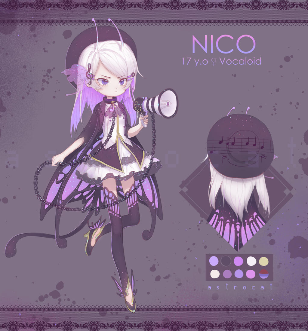 1girl adoptable animal_collar antennae artist_name ascot astrocatsama black_collar black_footwear black_headwear black_jacket black_sleeves black_thighhighs blonde_hair border butterfly_wings buttons chain character_age character_name reference_sheet choker closed_mouth collar color_guide commission cropped_torso cross cross_choker english_text eyelashes fortissimo frilled_skirt frills from_behind full_body furrowed_brow gold_trim grey_ascot grey_background hair_ornament hairclip hat high_heels holding holding_chain holding_megaphone insect_wings jacket lace lace_border letterboxed light_blush long_sleeves megaphone miniskirt multicolored_hair multiple_views musical_note musical_note_brooch musical_note_hair_ornament open_clothes open_jacket original ornate_border purple_eyes purple_hair purple_wings shirt simple_background skirt three-quarter_sleeves stirrup_legwear thighhighs toeless_legwear treble_clef two-tone_hair venus_symbol watermark white_shirt white_skirt wings