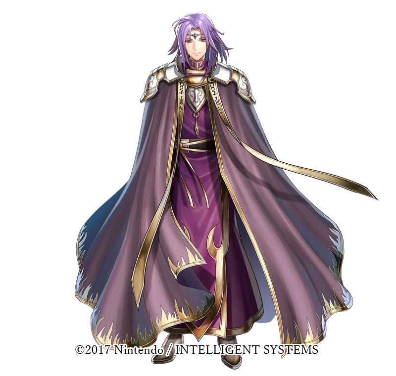 1boy armor boots cape circlet copyright_notice fire_emblem fire_emblem:_the_sacred_stones fire_emblem_heroes full_body haru_(toyst) light_smile lips lyon_(fire_emblem) male_focus medium_hair nintendo official_art purple_cape purple_eyes purple_hair robe shoulder_armor sidelocks solo standing tachi-e tassel turtleneck white_background white_boots