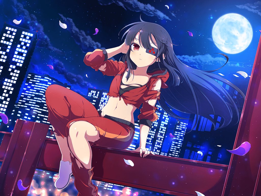 1girl adjusting_hair arm_support black_hair black_sports_bra blush building city city_lights cityscape eyepatch falling_petals flat_chest floating_hair full_moon i-beam jacket long_hair looking_at_viewer mirai_(senran_kagura) moon navel night night_sky official_alternate_costume official_art pants petals purple_petals red_eyes red_track_suit senran_kagura senran_kagura_new_link senran_kagura_shoujo-tachi_no_shin&#039;ei sitting sky skyscraper solo sports_bra star_(sky) starry_sky steel_beam tomoe_(symbol) torn_clothes torn_jacket torn_pants torn_sleeves track_suit white_footwear white_petals yaegashi_nan