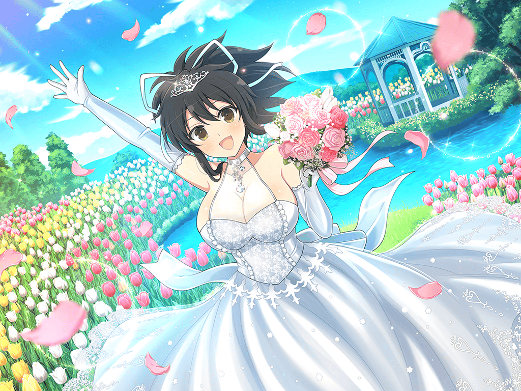 asuka_(senran_kagura) bouquet breasts brown_eyes brown_hair cleavage day dress elbow_gloves falling_petals flower flower_bed garden gazebo gloves hair_ribbon holding holding_bouquet large_breasts non-web_source official_art open_mouth petals plant pond ponytail ribbon rose senran_kagura senran_kagura_new_link short_ponytail smile sunlight tiara tulip waving wedding_dress white_ribbon