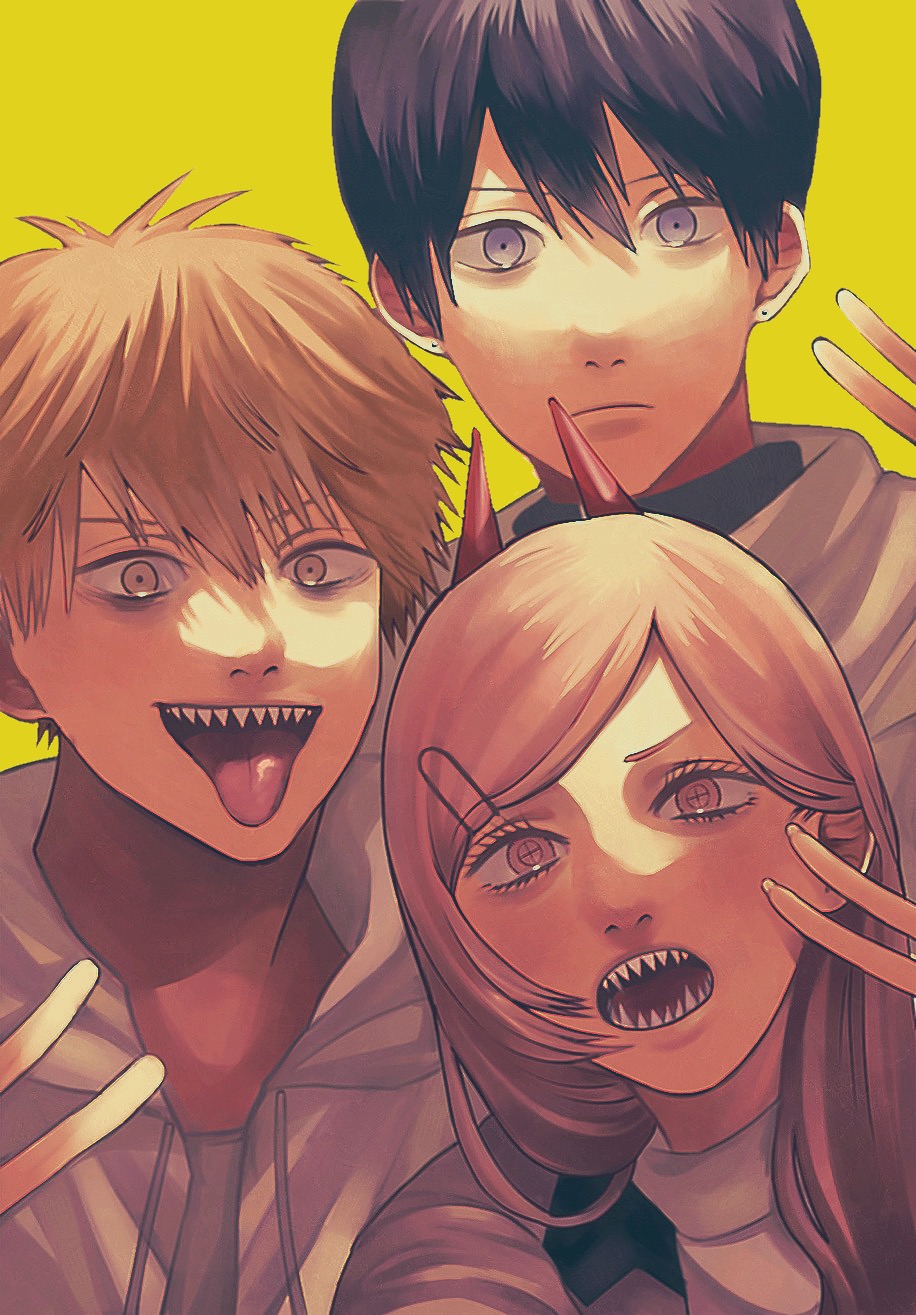 1girl 2boys black_eyes black_hair blonde_hair chainsaw_man commentary_request denji_(chainsaw_man) earrings eyelashes frown hair_behind_ear hair_ornament hairclip hayakawa_aki highres hood hoodie horns jewelry llq9ull multiple_boys open_mouth pink_eyes power_(chainsaw_man) red_horns sharp_teeth smile stud_earrings teeth tongue tongue_out v white_hoodie yellow_background yellow_eyes