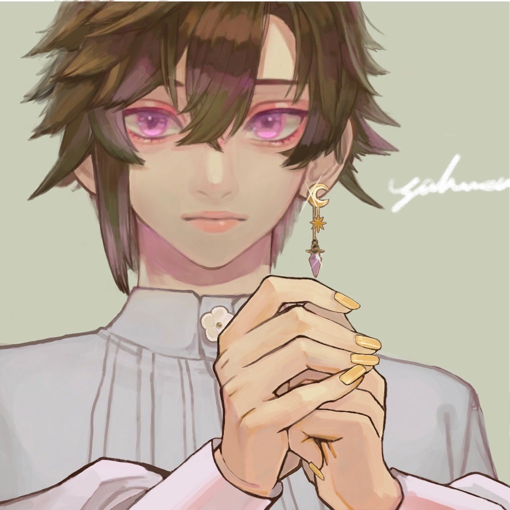 ambiguous_gender androgynous astrology brown_hair crescent crystal_earrings earrings flower gemini_(zodiac) hair_between_eyes jewelry long_sleeves looking_at_viewer nail_polish original pink_eyes shirt short_hair simple_background star_(symbol) white_shirt yksm_ktn zodiac