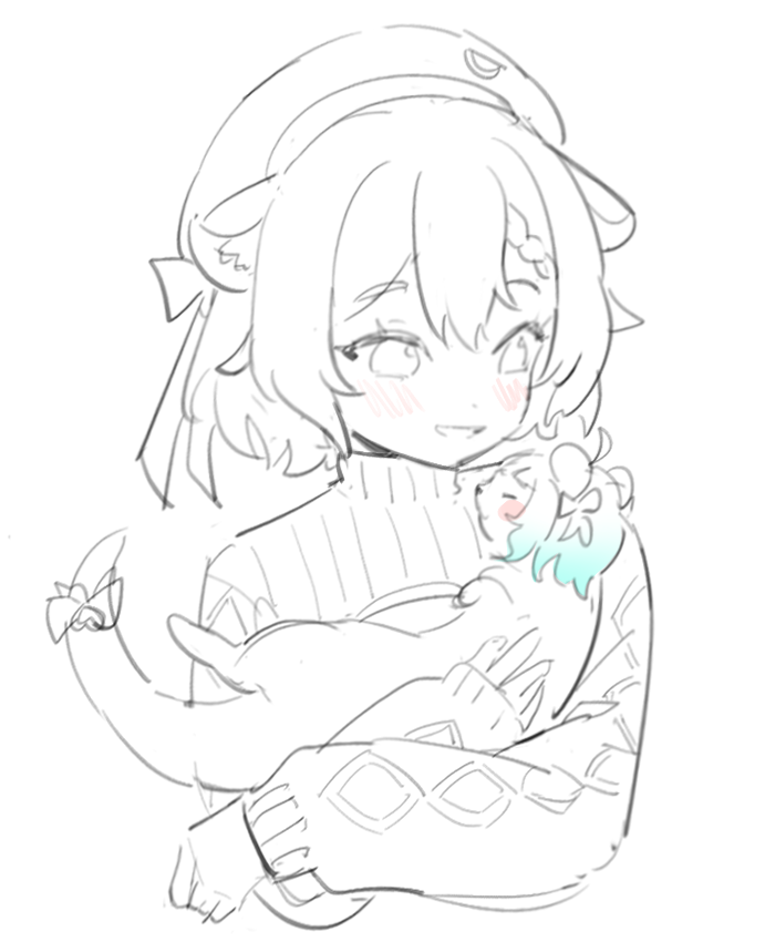 2girls animal animal_ears beret blush bob_cut braid cleavage_cutout clothing_cutout ferret ferret_ears ferret_girl food fruit gradient_hair green_hair greyscale hat holding holding_animal indie_virtual_youtuber laimu_(vtuber) laimu_(vtuber)_(winter) lime_(fruit) lime_slice looking_at_animal maplesights mint_fantome monochrome multicolored_hair multiple_girls ribbon short_hair sketch sweater two-tone_hair vinesauce virtual_youtuber white_hair