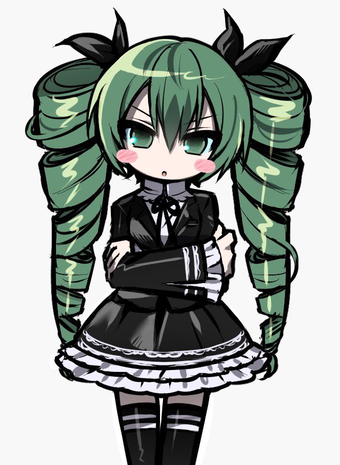 1girl :o black_jacket black_ribbon black_skirt black_thighhighs blush_stickers cowboy_shot crossed_arms drill_hair green_eyes green_hair hatsune_miku hatsune_miku_(dark_angel) himitsu_keisatsu_(vocaloid) jacket jjjjtaaaku long_hair looking_at_viewer neck_ribbon project_diva_(series) project_diva_f ribbon shirt simple_background skirt solo thighhighs twin_drills v-shaped_eyebrows vocaloid white_background white_shirt