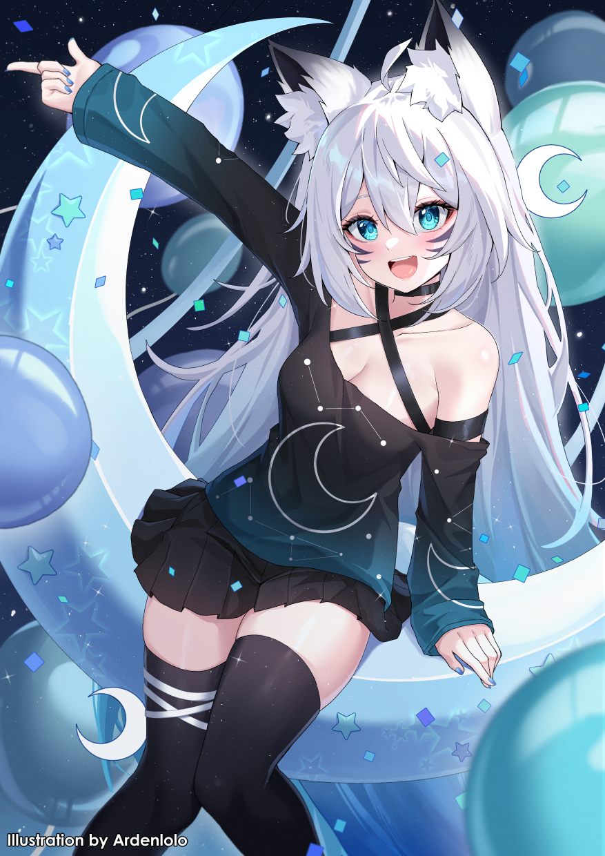 1girl :d ahoge animal_ear_fluff animal_ears aqua_eyes ardenlolo arm_strap arm_support artist_name balloon birthday black_choker black_shirt black_skirt black_thighhighs blue_eyes blue_nails blue_shirt blush breasts choker cleavage collarbone commission constellation_print constellation_request crescent_moon english_text facial_mark fox_ears fox_girl fox_tail gradient_clothes gradient_shirt hair_between_eyes hand_up highres indie_virtual_youtuber long_hair long_sleeves looking_at_viewer medium_breasts moon moon_print mysticlight_(vtuber) nail_polish night night_sky off-shoulder_shirt off_shoulder open_mouth outstretched_arm pleated_skirt pointing pointing_to_the_side shirt single_bare_shoulder skindentation skirt sky sleeves_past_wrists smile solo star_(sky) star_(symbol) starry_sky tail thigh_strap thighhighs virtual_youtuber white_hair zettai_ryouiki