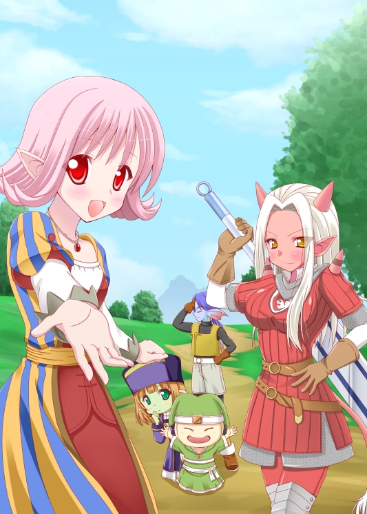 2boys 3girls :d :o armor armored_dress bad_id bad_pixiv_id blue_skin blush boots brown_hair chainmail closed_eyes colored_skin dragon_quest dragon_quest_x dress dwarf_(dq10) elf_(dq10) fins gloves green_eyes green_skin hand_on_own_hip hat head_fins hinata_mirun horns jewelry long_hair multiple_boys multiple_girls necklace ogre_(dq10) open_mouth outstretched_hand pink_hair pink_skin pointy_ears puklipo purple_hair red_eyes short_hair smile sword tail vest weapon weddie_(dq10) white_hair yellow_eyes