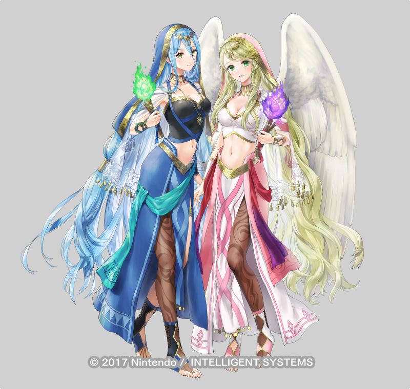 2girls alternate_costume azura_(fire_emblem) azura_(hatari)_(fire_emblem) blonde_hair blue_hair breasts choker cleavage feet female_focus fire fire_emblem fire_emblem:_radiant_dawn fire_emblem_fates fire_emblem_heroes full_body green_eyes green_fire holding holding_torch kaya8 leanne_(fire_emblem) leanne_(hatari)_(fire_emblem) long_hair looking_at_viewer medium_breasts midriff multiple_girls navel nintendo official_alternate_costume official_art pantyhose purple_fire toeless_legwear toes torch veil very_long_hair white_wings wings yellow_eyes