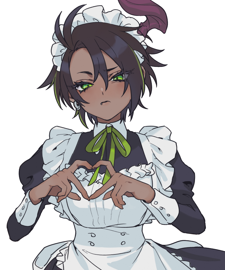 1girl alternate_costume aragami_oga black_dress black_hair blush comb_over commentary_request dark-skinned_female dark_skin dress earrings enmaided eyelashes fang frilled_hairband frills frown genderswap genderswap_(mtf) glaring green_eyes green_ribbon hair_between_eyes hairband heart heart_hands holostars horns jewelry long_sleeves looking_at_viewer maid neck_ribbon onion_(kionlin322) ribbon short_hair single_earring single_horn solo transparent_background upper_body virtual_youtuber