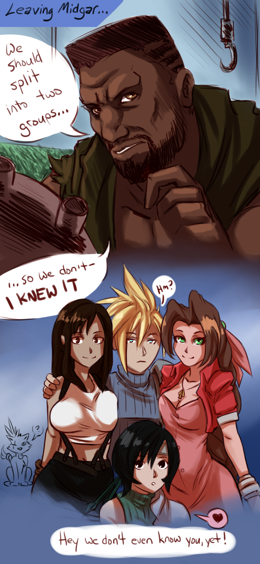 1990s_(style) 2boys 2koma 3girls ? aerith_gainsborough barret_wallace beard black_hair blonde_hair blue_eyes braid breast_press breasts brown_hair cleavage cloud_strife comic crew_cut dark-skinned_male dark_skin english_text expressionless facial_hair final_fantasy final_fantasy_vii girl_sandwich green_eyes harem headband heart highres large_breasts long_hair medium_breasts multiple_boys multiple_girls pimp plague_of_gripes red_xiii retro_artstyle sandwiched short_hair single_braid smile spiked_hair spoken_heart tifa_lockhart truth very_dark_skin very_long_hair yuffie_kisaragi