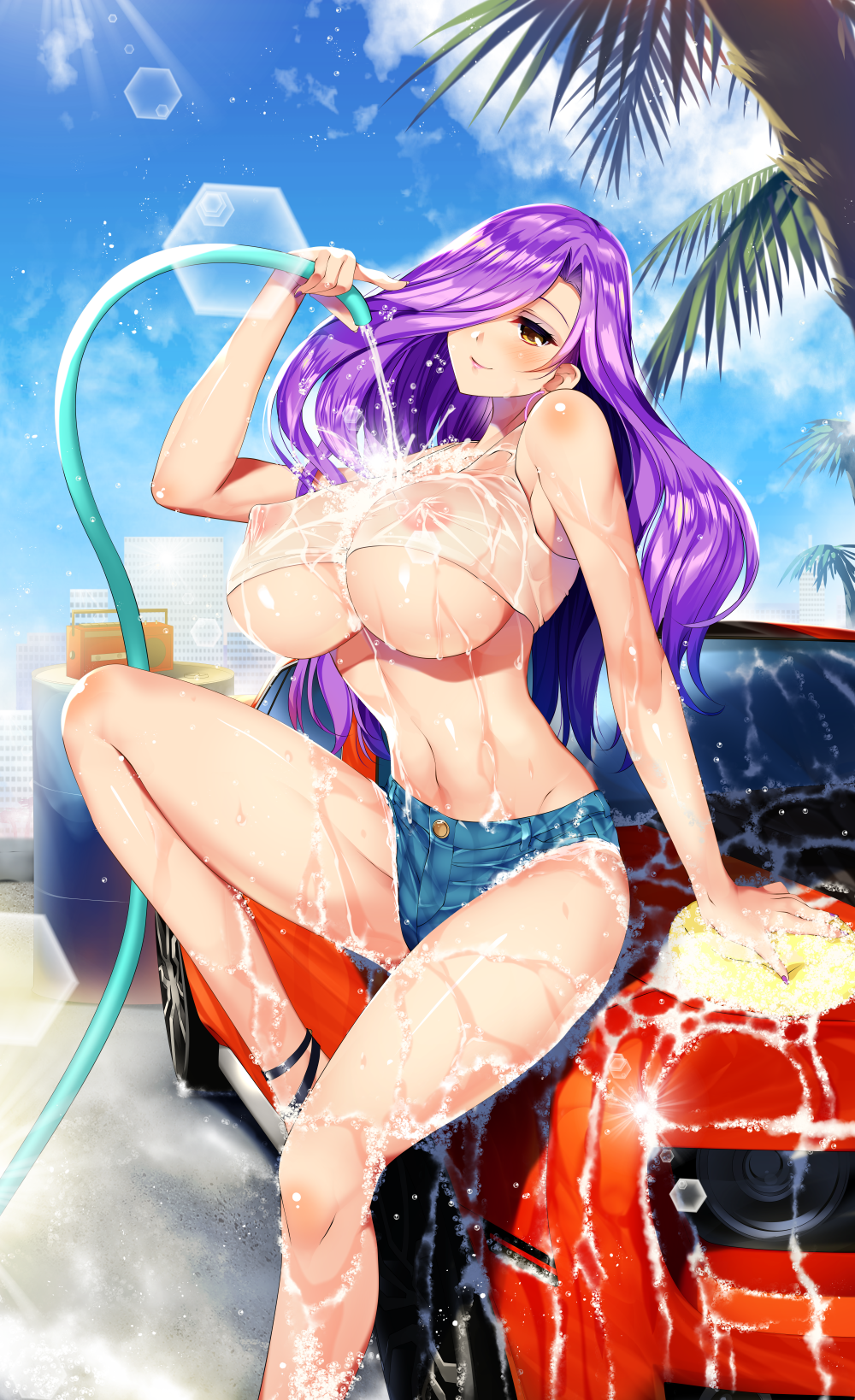 1girl blush breasts brown_eyes car car_wash covered_erect_nipples day female_focus hair_over_one_eye highres hose huge_breasts long_hair motor_vehicle nipples on_car original outdoors purple_hair see-through_clothes short_shorts shorts sitting sky smile soap_bubbles solo tamiya_akito underboob washing_vehicle water wet wet_clothes