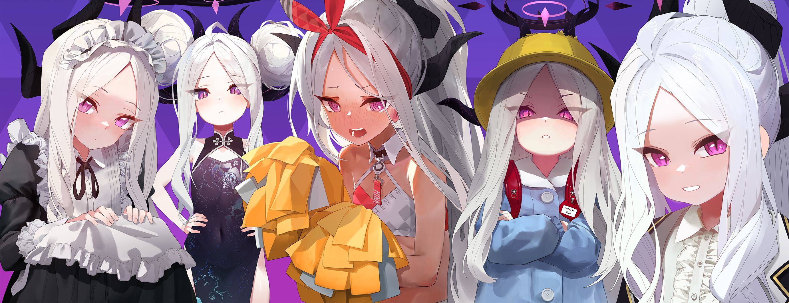 1girl @_@ ahoge alternate_costume apron black_dress black_horns blue_archive blush closed_mouth covered_navel crop_top crossed_arms double_bun dress grin hair_bun halo hands_on_own_hips hat highres hina_(blue_archive) holding holding_pom_poms horns kindergarten_uniform long_hair long_sleeves looking_at_viewer maid maid_headdress mo_ne multiple_horns open_mouth pom_pom_(cheerleading) pom_poms purple_background purple_eyes school_hat shirt slit_pupils smile tearing_up teeth upper_teeth_only white_apron white_hair white_shirt yellow_headwear