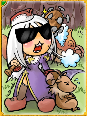 1girl baphomet_(ragnarok_online) baphomet_jr baseball_bat biretta brown_hat brown_shoes brown_thighhighs card_(medium) chibi chibi_only commentary_request cross dress full_body goat grass grey_hair hat holding holding_baseball_bat holding_scythe juliet_sleeves long_hair long_sleeves lowres mamaji nail_(hardware) nail_bat open_mouth priest_(ragnarok_online) puffy_sleeves purple_dress ragnarok_online scythe sharp_teeth shoes solo sunglasses teeth thighhighs