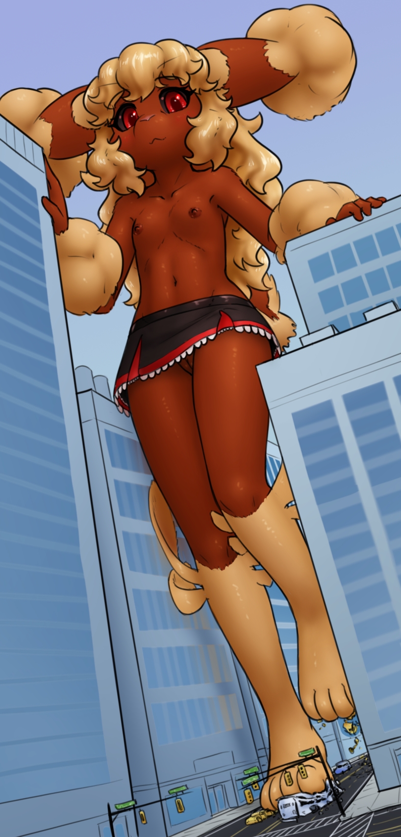 1girl :3 alloyrabbit animal_feet animal_nose barefoot black_sclera black_skirt blonde_hair body_fur brown_fur bus city cleft_of_venus closed_mouth collarbone colored_sclera dutch_angle female_focus flat_chest frilled_skirt frills full_body furry furry_female gen_4_pokemon giant giantess hands_up happy highres large_variant_set leg_up legs long_hair looking_at_viewer lopunny microskirt motor_vehicle navel nintendo nipples no_panties outdoors pokemon pokemon_(creature) pussy rabbit_ears rabbit_girl rabbit_tail red_eyes red_trim road short_tail sidelocks skirt smile solo standing standing_on_one_leg stomach tail thighs topless_female two-tone_fur uncensored v-shaped_eyebrows variant_set wavy_hair yellow_fur