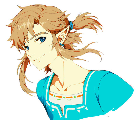 1boy blonde_hair blue_eyes blue_ribbon blue_shirt closed_mouth collarbone commentary_request ear_piercing earrings hair_ribbon jewelry link long_hair looking_at_viewer male_focus muse_(rainforest) nintendo piercing pointy_ears ribbon shirt sidelocks simple_background smile solo the_legend_of_zelda upper_body white_background