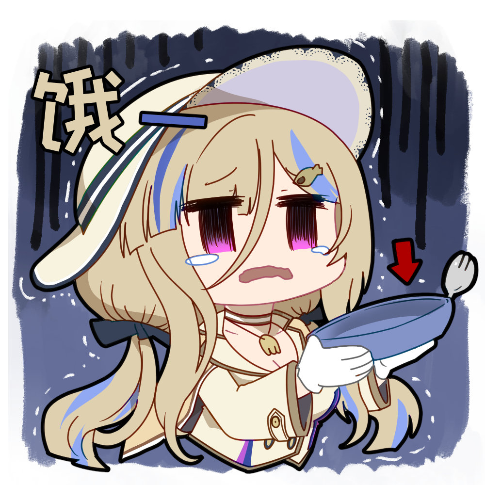 1girl arrow_(symbol) artist_request blonde_hair blue_hair bowl chibi chibi_only chinese_commentary chinese_text empty_bowl girls&#039;_frontline girls&#039;_frontline_neural_cloud gloves hat holding holding_bowl holding_spork jacket millau_(neural_cloud) official_art purple_eyes second-party_source solo spork sun_hat tearing_up tears white_gloves yellow_jacket