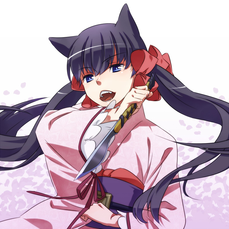 1girl animal_ears black_hair blue_eyes bow dagger fangs female_focus fox_ears hair_bow hair_ribbon japanese_clothes kimono knife long_hair obi open_mouth otome_youkai_zakuro ribbon sash solo suguru_(godai_fifth) twintails weapon zakuro zakuro_(otome_youkai_zakuro)