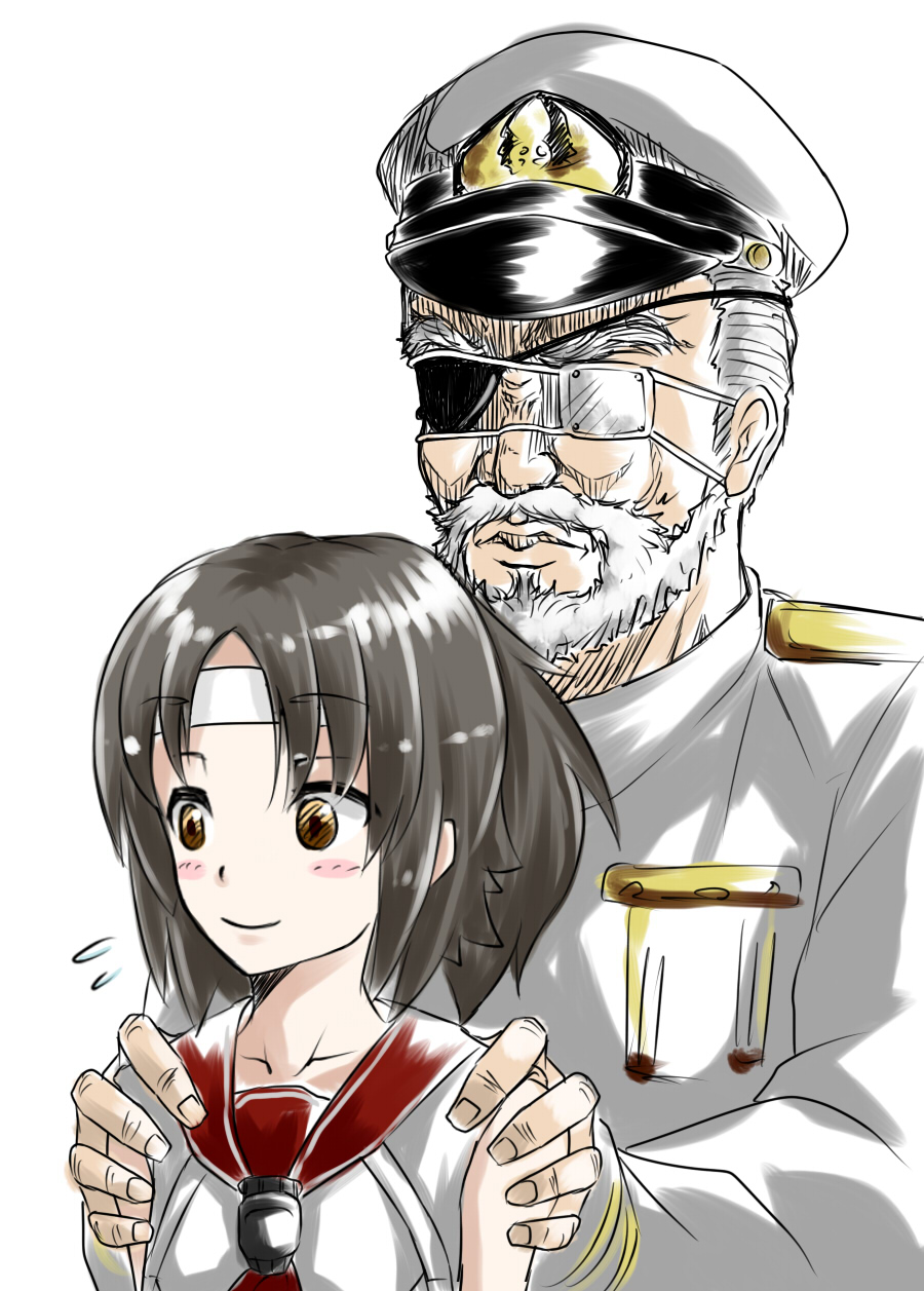 1boy 1girl admiral_(kancolle) beard blind blush brown_eyes brown_hair closed_mouth coat commentary_request eyepatch facial_hair hands_on_another&#039;s_shoulders hat headband highres kantai_collection looking_afar medical_eyepatch military_hat military_uniform nagara_(kancolle) naval_uniform old old_man peaked_cap red_sailor_collar sailor_collar shika_miso shirt simple_background smile upper_body white_background white_coat white_hair white_hat white_headband white_shirt
