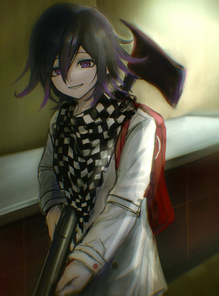 1boy axe backpack bag black_hair checkered_neckerchief cowboy_shot danganronpa_(series) danganronpa_v3:_killing_harmony flipped_hair grey_jacket grin gun hair_between_eyes holding holding_gun holding_weapon jacket long_sleeves looking_at_viewer medium_hair neckerchief nuns197 oma_kokichi purple_eyes purple_hair smile solo teeth weapon weapon_on_back