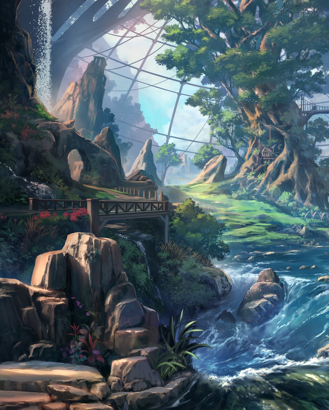 architecture bridge building cable commentary_request dome flower grass highres landscape nature no_humans original rock scenery sky soraizumi stream tree water waterfall