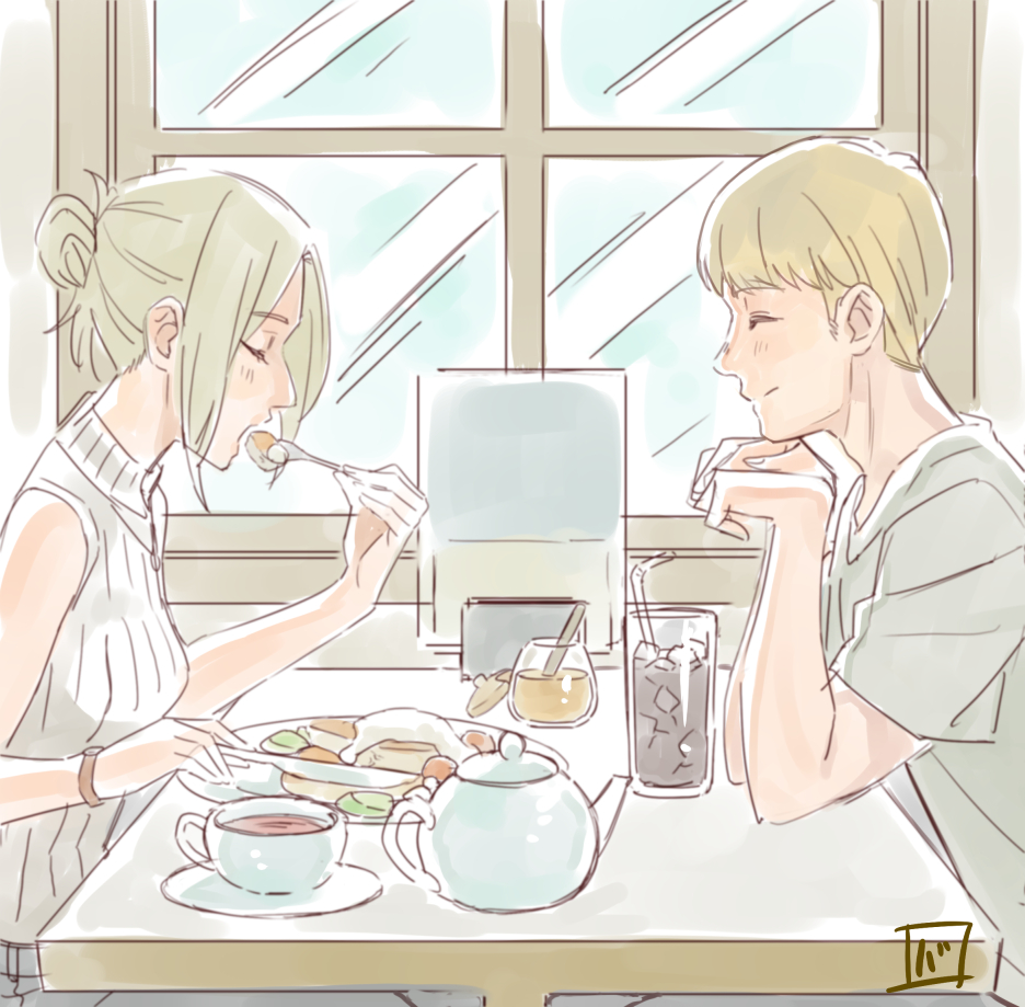 1boy 1girl annie_leonhart armin_arlert bare_shoulders blonde_hair breasts closed_eyes closed_mouth commentary_request couple cup eating facing_another food fork glass grasshopper193 grey_shirt hair_bun holding holding_fork holding_knife indoors knife light_blush open_mouth plate shingeki_no_kyojin shirt short_hair short_sleeves single_hair_bun sitting sleeveless sleeveless_sweater small_breasts sweater table teapot very_short_hair white_sweater window wristband