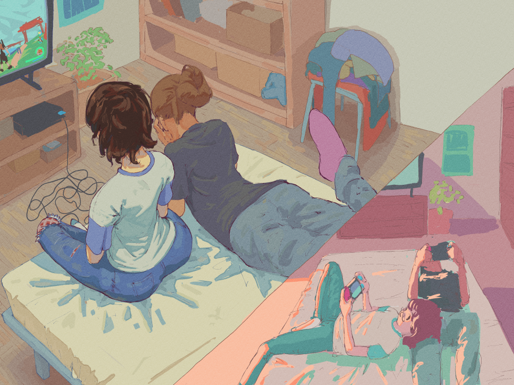2girls box brown_hair commentary denim dirty dirty_clothes english_commentary jeans lap_pillow lying multiple_girls nintendo_switch nom_nom on_back on_bed on_stomach original pants plant potted_plant shelf short_hair sleepover television torn_clothes torn_jeans torn_pants