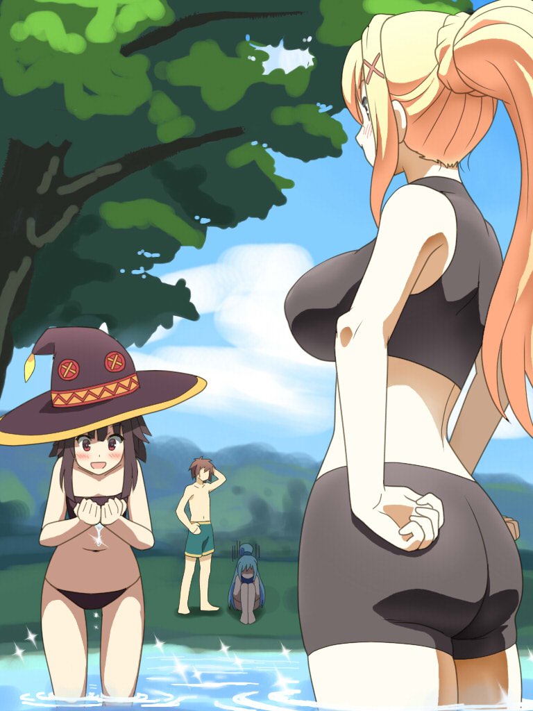 1boy 3girls aqua_(konosuba) ass awa bikini bikini_shorts blonde_hair blue_hair breasts brown_hair cloud darkness_(konosuba) hair_ornament kono_subarashii_sekai_ni_shukufuku_wo! large_breasts long_hair megumin multiple_girls navel open_mouth ponytail satou_kazuma short_hair shorts small_breasts smile sports_bikini swimsuit tree water x_hair_ornament