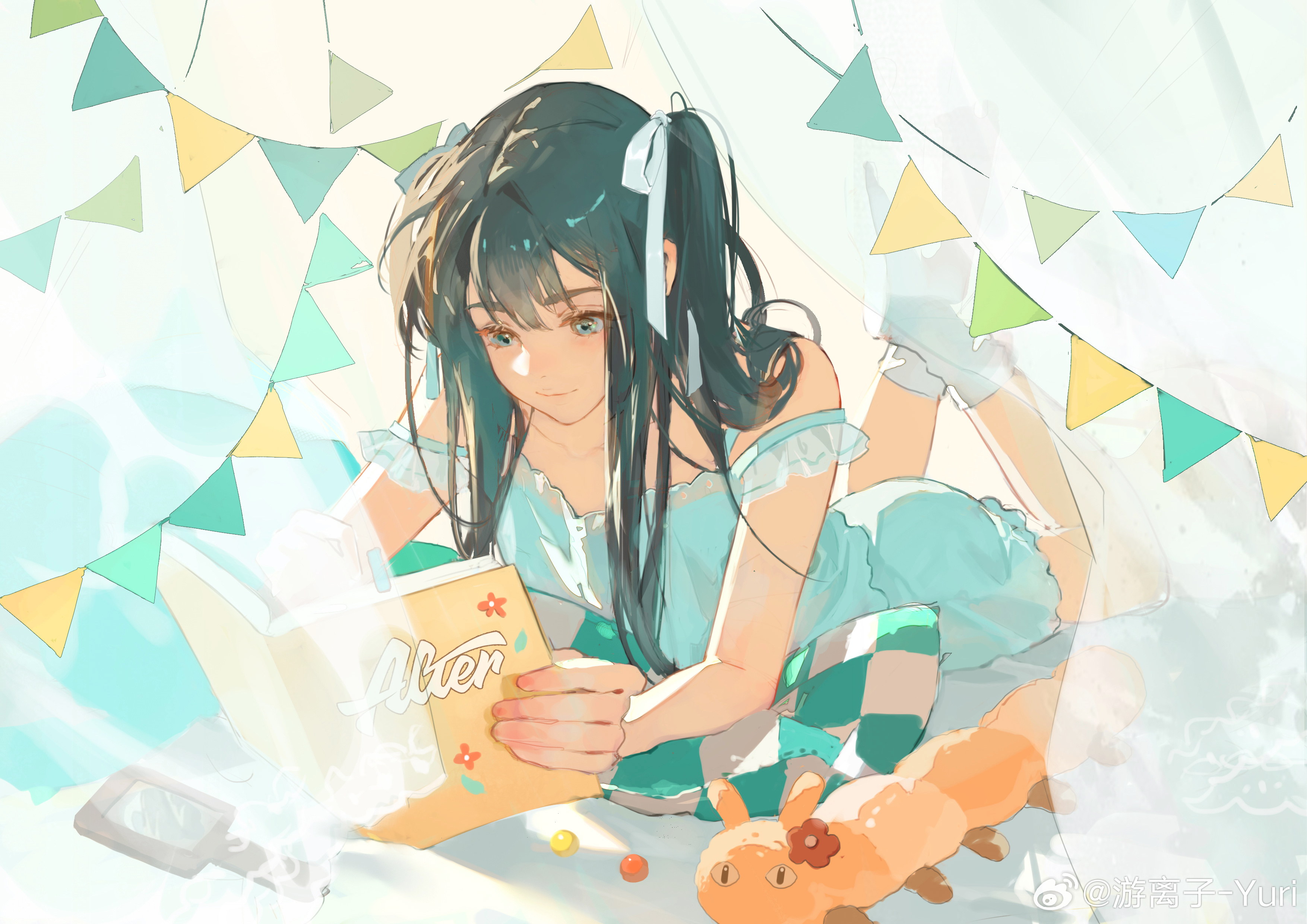 1girl absurdres bare_arms bare_shoulders black_hair blue_dress blue_eyes book bookmark caterpillar chinese_commentary closed_mouth commentary_request dress fingernails frilled_straps full_body hair_half_over_shoulder hair_ribbon hand_mirror highres holding holding_book legs_up lips long_hair lying mirror on_bed on_stomach open_book original pillow reading ribbon short_dress sleeveless sleeveless_dress smile socks solo strap_slip string_of_flags stuffed_animal stuffed_toy thick_eyebrows twintails watermark weibo_watermark white_ribbon white_socks youlizi-yuri