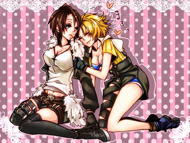 00s 1990s_(style) 2girls belt blonde_hair blue_eyes bra breasts brown_hair cleavage closed_eyes female_focus final_fantasy final_fantasy_viii final_fantasy_x gender_request genderswap gloves high_heels hiyokoxx hug jacket large_breasts lingerie long_hair multiple_girls shirt shoes short_hair shorts sitting squall_leonhart thighhighs tidus underwear white_shirt
