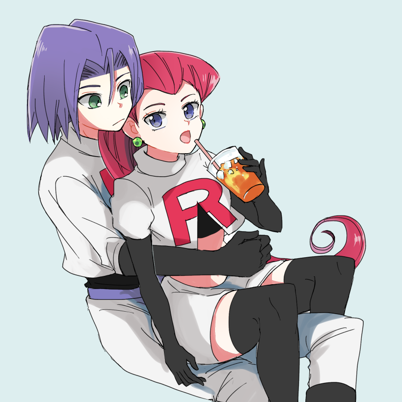 drinking game_freak james_(pokemon) jessie_(pokemon) nintendo pokemon pokemon_(anime) simple_background team team_rocket thighhighs yoshiiiika