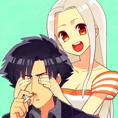 1boy 1girl :d black_hair cigarette covering_another&#039;s_eyes covering_own_eyes dress emiya_kiritsugu facial_hair fate/zero fate_(series) gum_(gmng) gumidemo_kandero hands_on_another&#039;s_face husband_and_wife irisviel_von_einzbern irisviel_von_einzbern_(angel&#039;s_song) long_hair lowres open_mouth red_eyes smile stubble white_hair