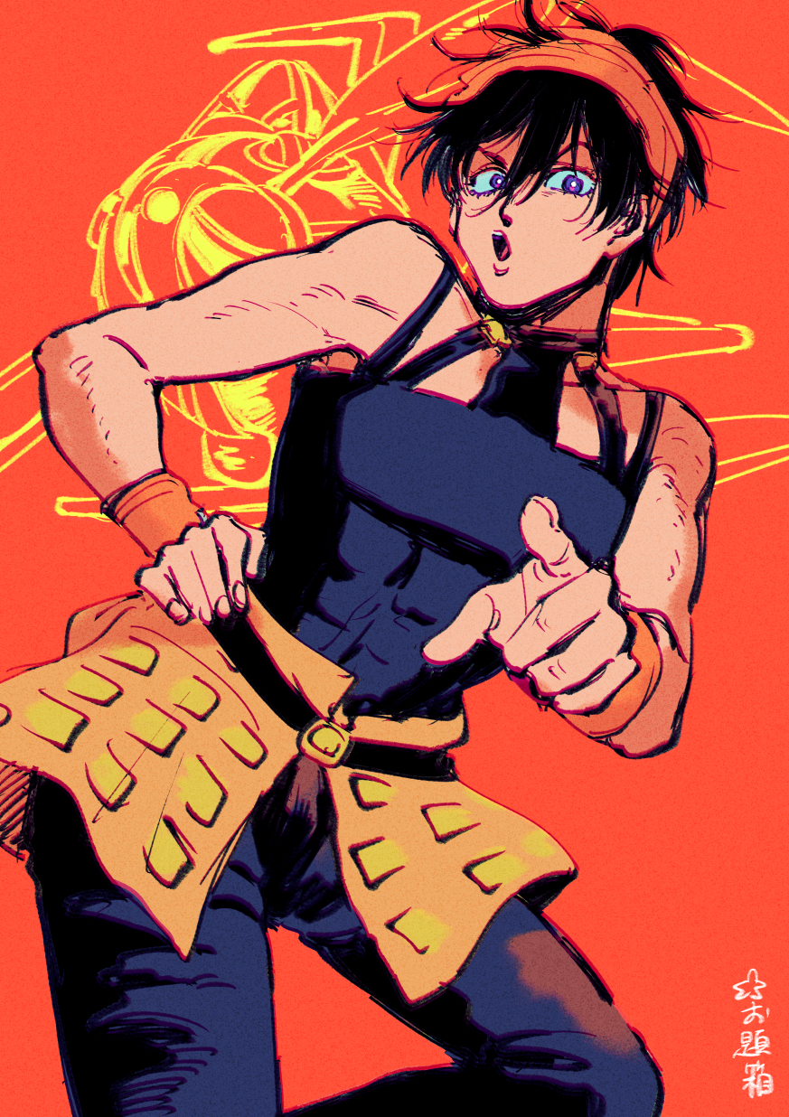 1boy aerosmith_(stand) aircraft airplane black_hair commentary hair_between_eyes hand_on_own_hip headband highres jojo_no_kimyou_na_bouken narancia_ghirga oniyama831 orange_background orange_headband pointing short_hair solo stand_(jojo) vento_aureo