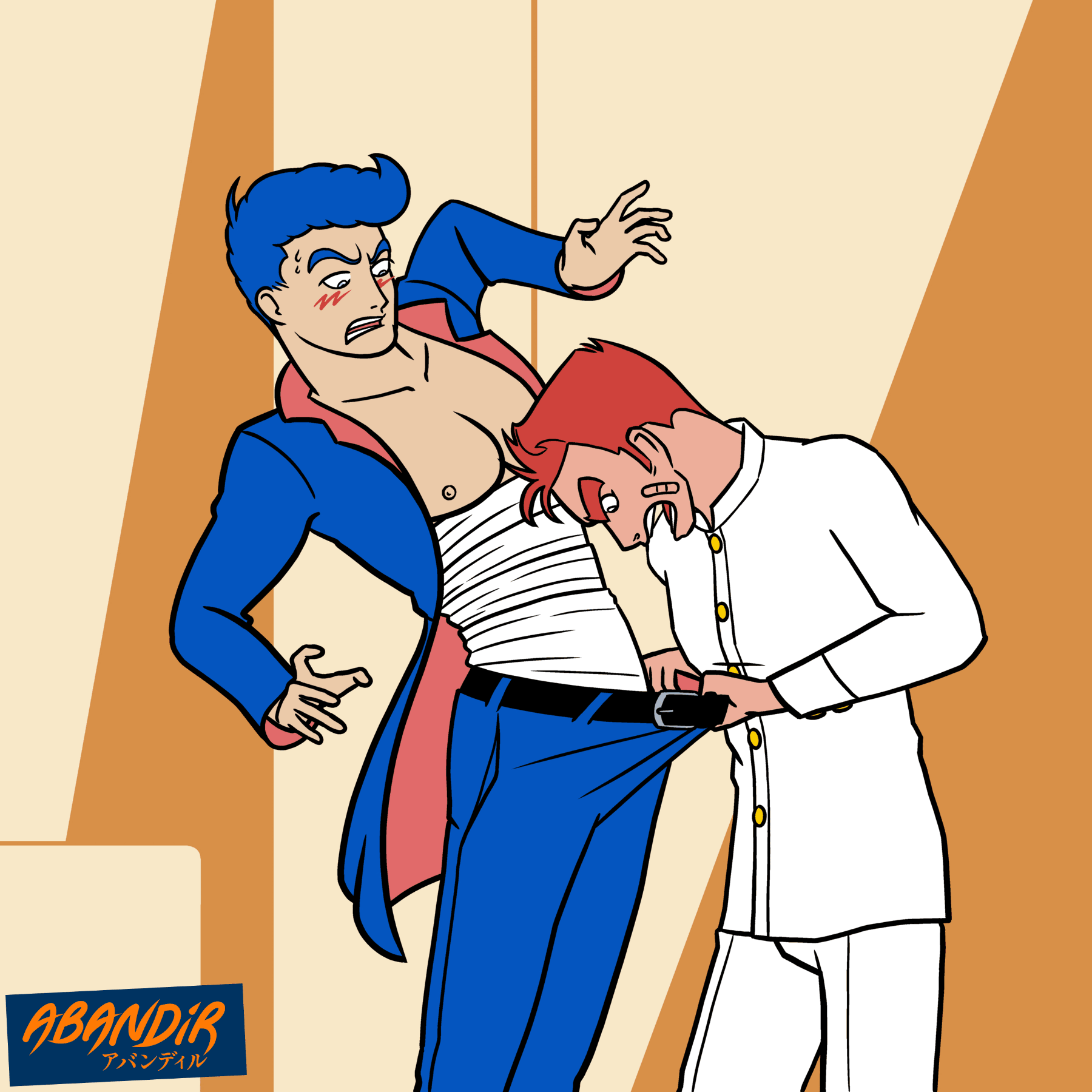 2boys abandir angry arched_back artist_logo artist_name balancing banchou bandaid bandaid_on_cheek bandaid_on_face bare_pectorals belt belt_buckle blue_hair blush bousouzoku buckle buttoned_cuffs buttons clip_studio_paint_(medium) clothes_pull collarbone cowboy_shot delinquent flat_color flattop flustered gakuran highres jacket kunio-kun kunio-kun_series leaning_forward limited_palette logo looking_at_crotch looking_down male_focus midriff_sarashi multiple_boys nervous_sweating open_clothes open_jacket paint_palette pants pants_pull pectorals pompadour pulling_another&#039;s_clothes red_hair riki_(kunio-kun) sarashi school_uniform short_hair sideburns standing sweat thick_eyebrows three_quarter_view two-tone_background very_short_hair