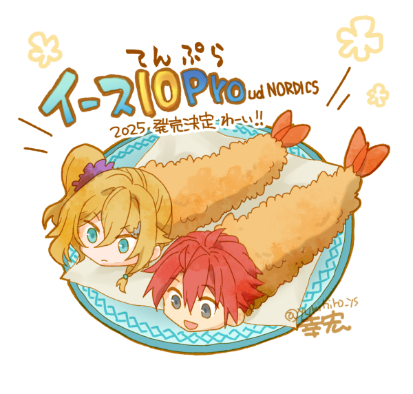1boy 1girl :d blonde_hair blue_eyes copyright_name food foodification frown grey_eyes karja_balta open_mouth plate red_hair short_hair shrimp shrimp_tempura side_ponytail smile tempura translation_request ys ys_x:_nordics yukihiro_ys