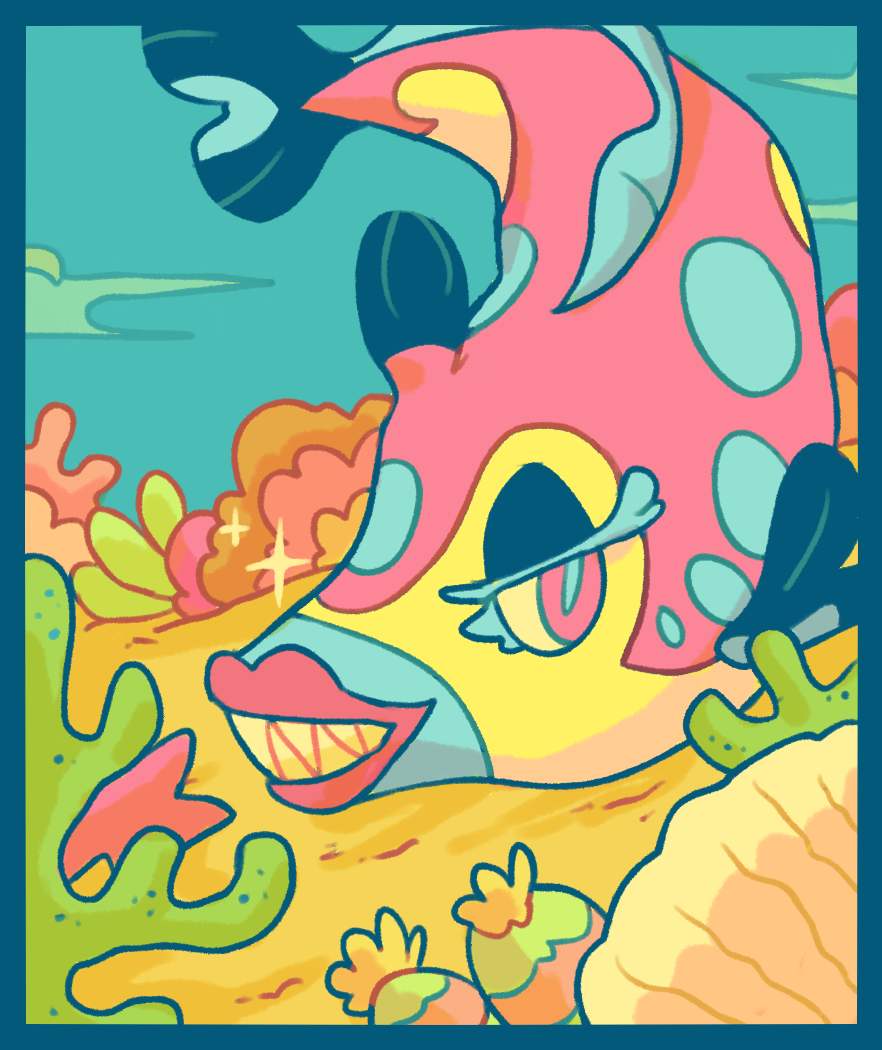 blue_pupils bruxish chocodiley coral fish gen_7_pokemon nintendo outdoors parted_lips pink_eyes pokemon pokemon_(creature) sharp_teeth solo sparkle teeth underwater