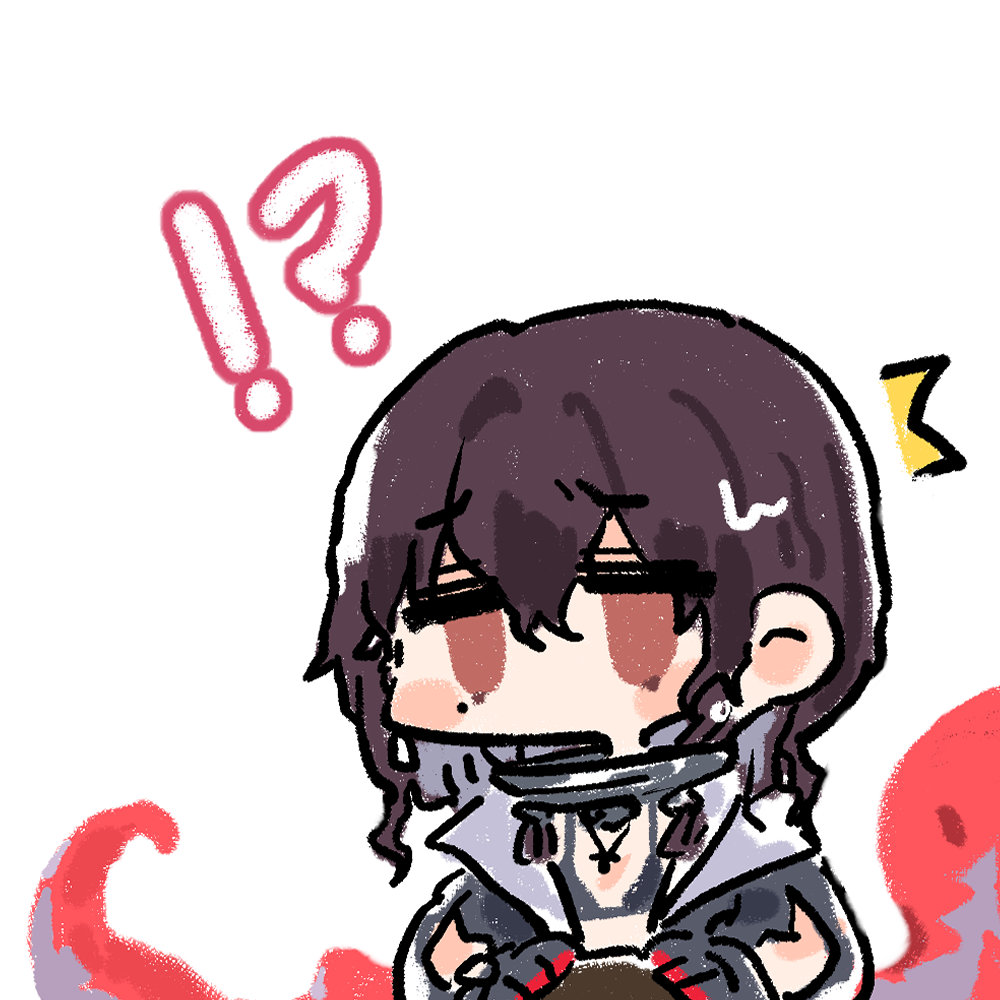 !? 1girl bikini bikini_under_clothes black_bikini black_hair chibi chibi_only chinese_commentary cui_pi_zha_xia_qiu girls&#039;_frontline girls&#039;_frontline_neural_cloud hatsuchiri_(neural_cloud) jitome mole mole_under_eye no_mouth official_art second-party_source solo surprised swimsuit tentacles wavy_hair