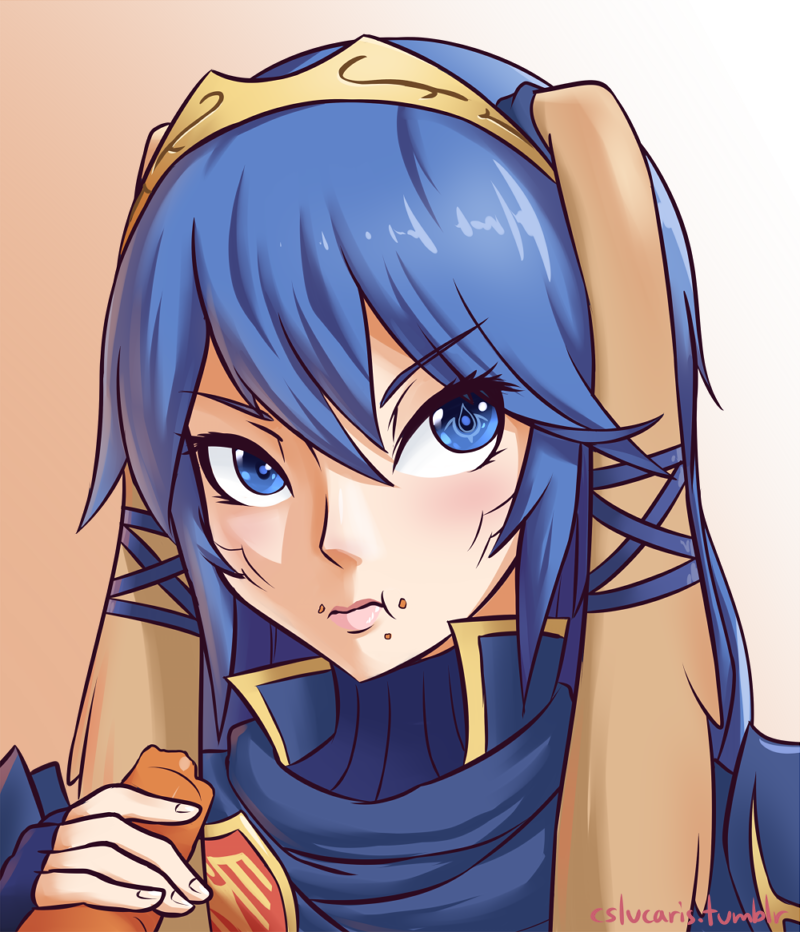 1girl alternate_species animal_ears blue_eyes brand_of_the_exalt carrot crumbs cslucaris eating fire_emblem fire_emblem_awakening gradient_background holding holding_carrot lop_rabbit_ears lucina_(fire_emblem) nintendo orange_background portrait rabbit_ears solo symbol_in_eye taguel tiara white_background
