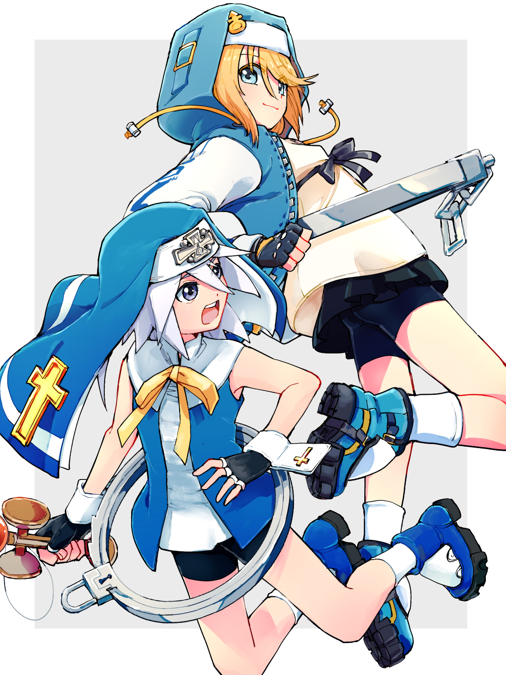 2boys androgyne_symbol aqua_eyes azuma_yukihiko bike_shorts bike_shorts_under_skirt black_gloves black_shorts black_skirt blonde_hair blue_dress blue_eyes bow bridget_(guilty_gear)_(cosplay) cosplay cross cuffs dress fingerless_gloves genius_sage gloves guilty_gear guilty_gear_xx habit handcuffs highres holding holding_toy hood hood_up hooded_jacket hoodie jacket kendama latin_cross long_sleeves looking_at_another looking_back male_focus mars_symbol medium_hair mithos_yggdrasill multiple_boys nun open_clothes open_hoodie open_mouth puffy_long_sleeves puffy_sleeves ribbon shorts skirt tales_of_(series) tales_of_symphonia toy trap white_hair yellow_bow yellow_ribbon