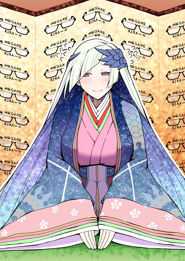 1girl blue_hair breasts brynhild_(fate) colored_inner_hair commentary_request commission eyebrows_hidden_by_hair fate/grand_order fate_(series) flying_sweatdrops gradient_hair head_wings japanese_clothes kimono large_breasts multicolored_hair pink_kimono pororokka_(macareo) purple_eyes purple_hair seiza sitting skeb_commission sleeves_past_wrists smile solo white_hair wide_sleeves wings