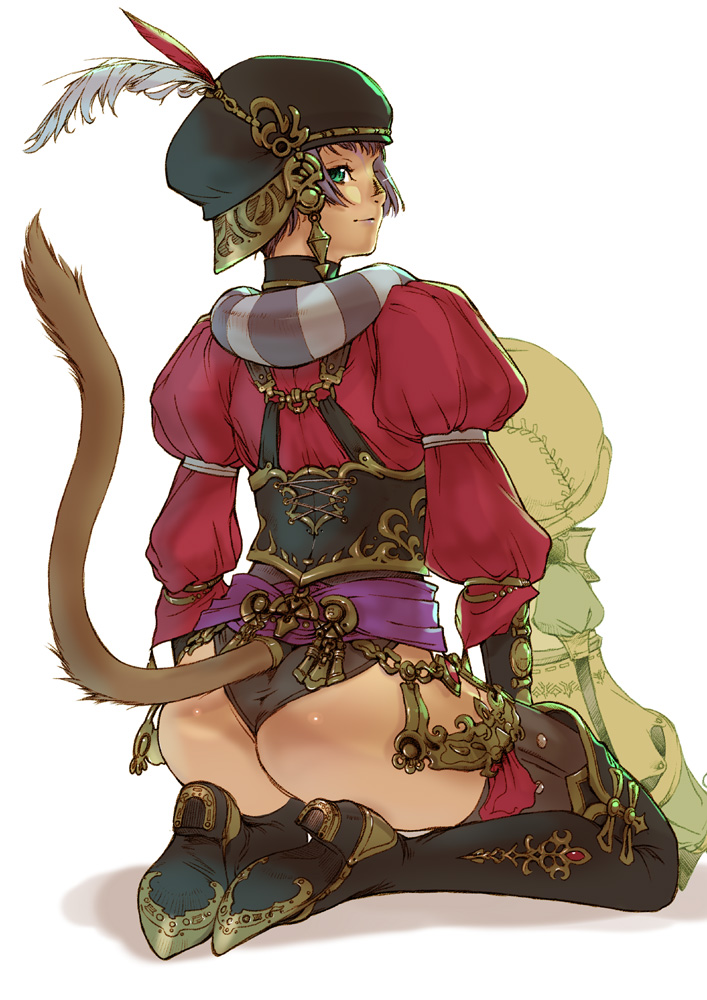 00s 1girl animal_ears aqua_eyes ass bad_id bad_pixiv_id branch_(blackrabbits) cat_ears cat_tail feathers female_focus final_fantasy final_fantasy_xi hat high_heels kneeling mithra_(ff11) puffy_sleeves puppetmaster shoes solo tail tan thighhighs