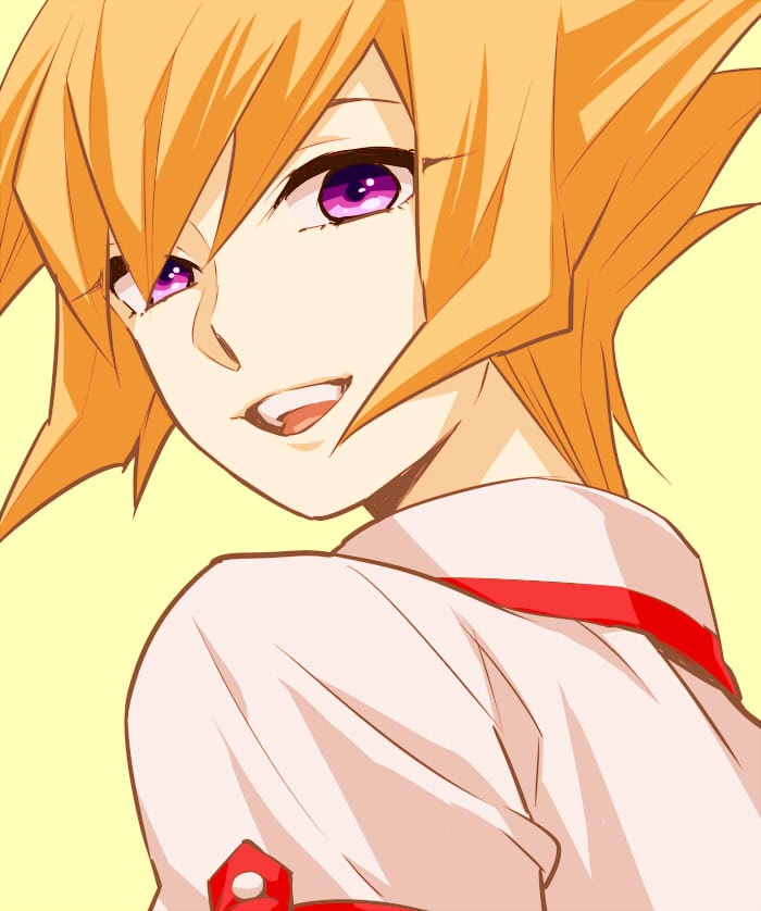 1boy :d food from_behind fruit happy looking_back male_focus open_mouth orange_(fruit) orange_hair purple_eyes purple_theme shingetsu_rei shirt smile solo teeth vector_(yu-gi-oh!) white_shirt white_theme yu-gi-oh!
