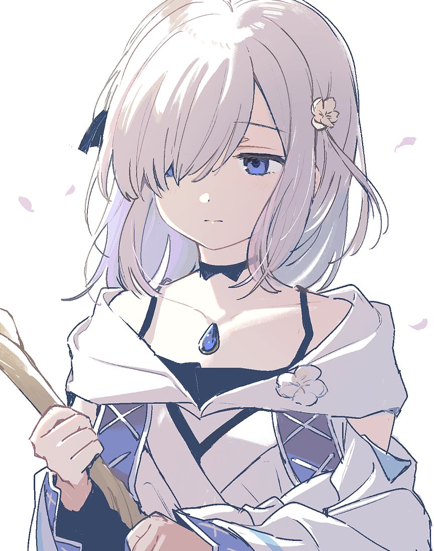 1girl bare_shoulders black_choker blue_eyes blue_gemstone blue_ribbon boyano chest_jewel choker closed_mouth flower gem grey_hair hair_flower hair_ornament hair_over_one_eye holding holding_staff hooded_kimono isuzu_ren long_sleeves magia_record:_mahou_shoujo_madoka_magica_gaiden magical_girl mahou_shoujo_madoka_magica ribbon right-over-left_kimono short_hair simple_background solo staff upper_body white_background white_flower