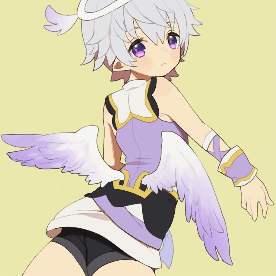 1boy angel angel_wings bare_shoulders black_shorts blush child from_behind great_kichi hair_between_eyes halo low_wings luke_venus mini_wings pointy_ears pop-up_story purple_eyes purple_shirt shirt short_hair short_shorts shorts simple_background sleeveless sleeveless_shirt solo st._feles_gakuen_uniform wings wrist_cuffs wrist_extended