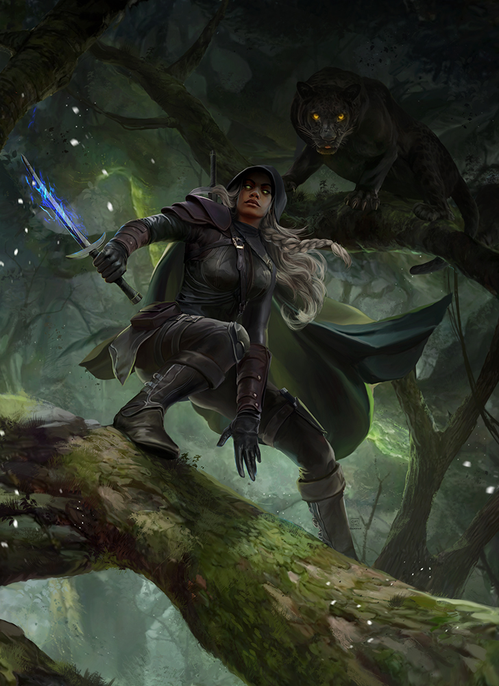 1girl black_cloak black_footwear black_gloves black_hood black_panther black_pants boots clayscence cloak dagger fantasy forest gloves green_eyes grey_hair holding holding_dagger holding_knife holding_weapon hood hooded_cloak knife long_hair looking_at_viewer magic nature outdoors panther pants reverse_grip tree weapon yellow_eyes