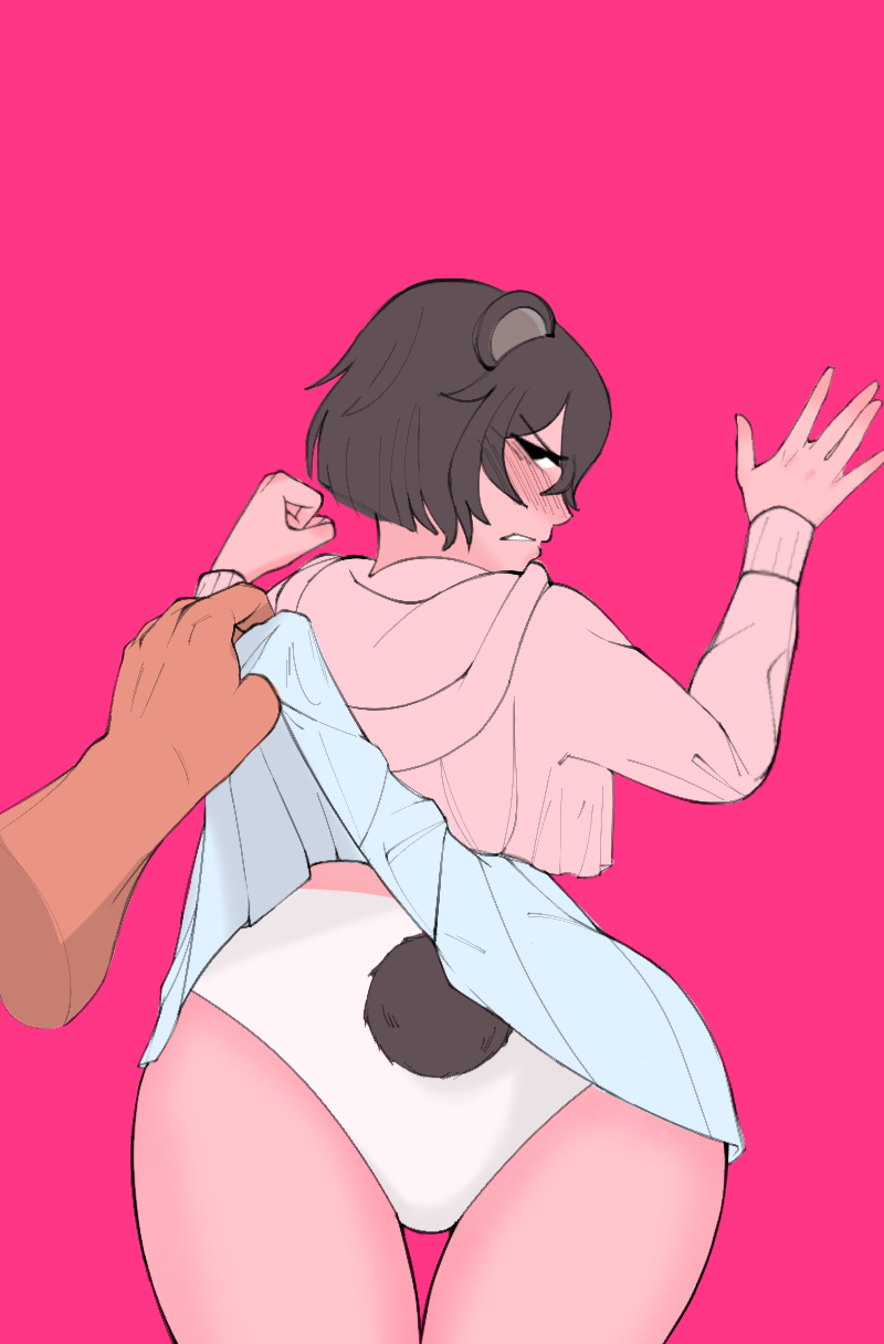 angry animal_ears apandah_(youtube) bear_ears bear_tail black_eyes black_hair clothes_lift highres hood hoodie lifting_another&#039;s_clothes oldperformer53 panda_ears panda_tail panties pink_background pink_hoodie short_hair simple_background skirt skirt_lift tagme tail thighs underwear upskirt white_panties youtube