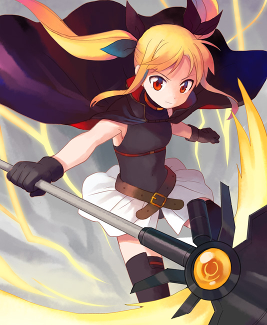 00s 1girl bardiche_(nanoha) bardiche_(scythe_form)_(nanoha) belt blonde_hair buckle cape fate_testarossa fate_testarossa_(movie_1st_form) female_focus gloves hair_ribbon lightning lyrical_nanoha mahou_shoujo_lyrical_nanoha red_eyes ribbon shatiko skirt solo thighhighs twintails